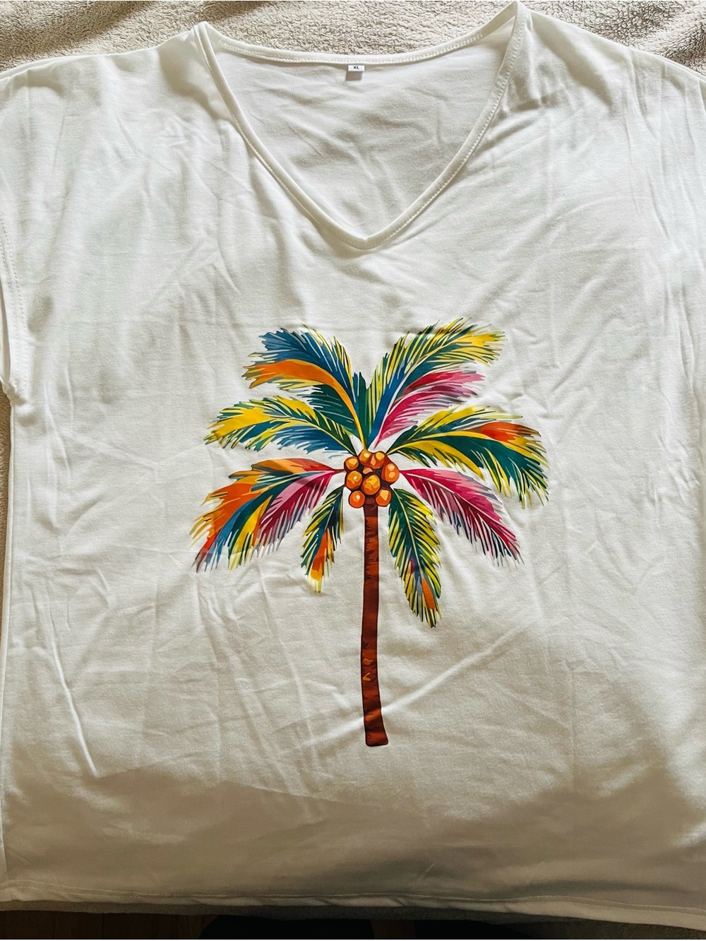 White V-Neck Tee with Colorful Palm Tree Graphic